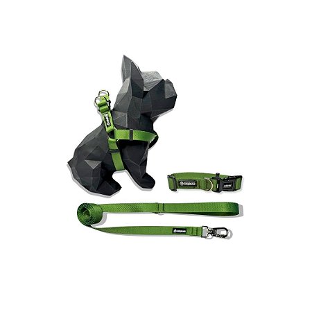 Kit Peitoral Americano para cachorros com Coleira e Guia Verde Militar