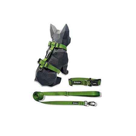 Kit Peitoral H antipuxão para cachorros com Coleira e Guia Verde Militar