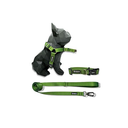 Kit Peitoral Y Antipuxão para cachorros com Coleira e Guia Verde Militar
