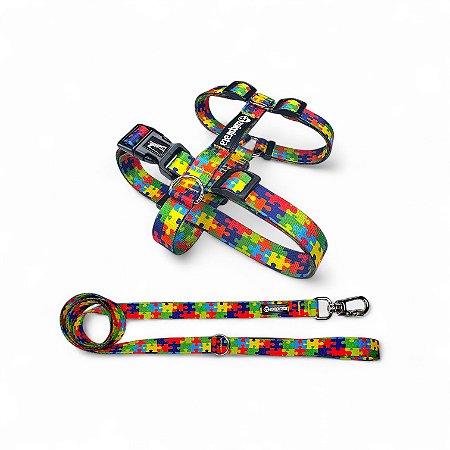 Kit Peitoral H antipuxão para cachorros com Guia Quebra-Cabeça Autismo Suporte Emocional