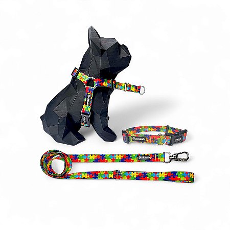 Kit Peitoral Y Antipuxão para cachorros com Coleira e Guia Quebra-Cabeça Autismo Suporte Emocional