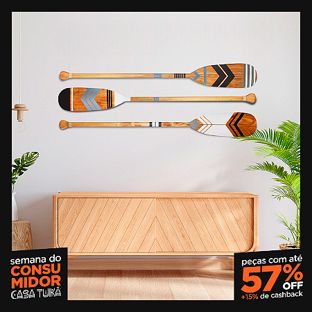 Kit 3 Remos Decorativos Tribais Artesanais em Madeira (Pinturas 03, 04 e 05)