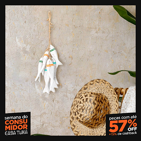 Penca Decorativa Artesanal com 6 Peixes em Madeira