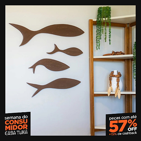 Kit 4 Esculturas de Parede Baleia Clássica em Madeira (Oferta: 1 Grátis!)