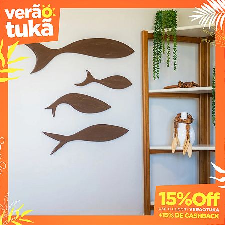 Kit 4 Esculturas de Parede Baleia Clássica em Madeira (Oferta: 1 Grátis!)