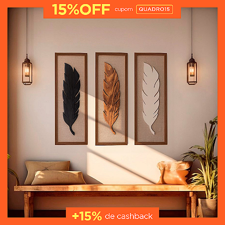 Kit 3 Quadros Pena de Madeira Cor: Branca, Preta e Ipê