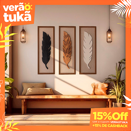 Kit 3 Quadros Pena de Madeira Cor: Branca, Preta e Ipê