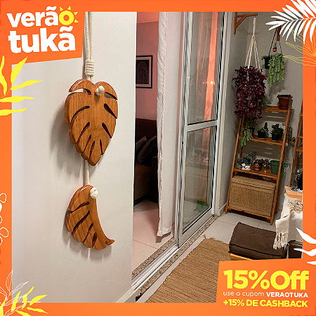 Pendente Folha na Corda em Madeira - Decoração de Parede Artesanal