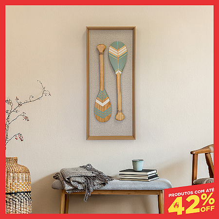 Quadro Decorativo Artesanal com 2 Remos Kopacê e Moldura Pirâmide (70x30cm)