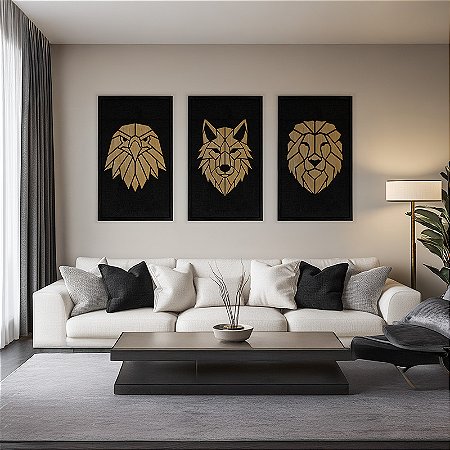 Kit 3 Quadros Artesanais em Alto Relevo -  Animais (90x60cm)