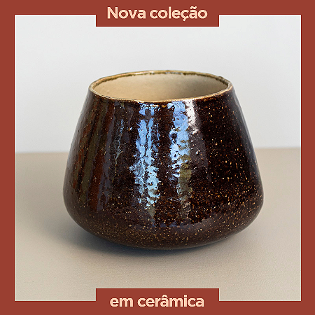 Vaso em Cerâmica Mod: Lume de 15x12cm - Cor: Marrom Envelhecido