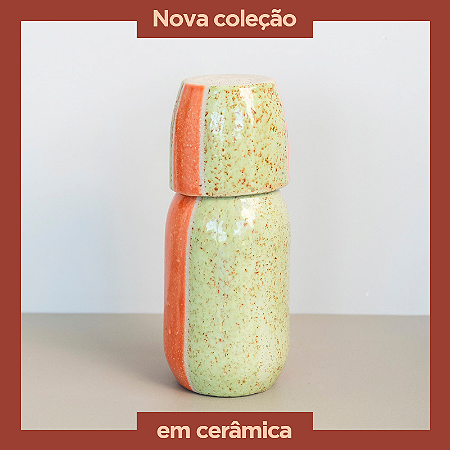 Moringa Cerâmica de cabeceira com Copo 18x8cm - Cor: Verde Primavera e Laranja Intenso