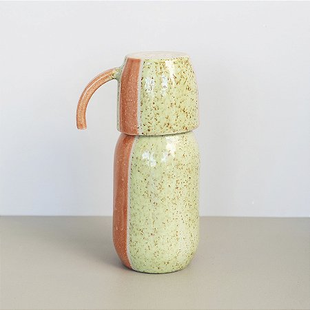 Moringa Cerâmica de cabeceira com Copo 18x8cm - Cor: Verde Primavera Mesclado e Laranja Intenso