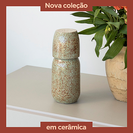 Moringa Cerâmica de cabeceira com Copo 18x8cm - Cor: Cinza Vesúvio