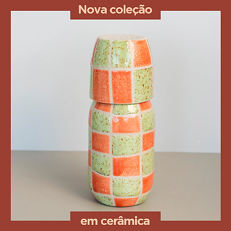 Moringa Cerâmica de cabeceira com Copo 18x8cm - Cor: Laranja e Verde Xadrez