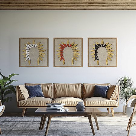 Kit Quadros Lenda Indígena - Cocar Mosaico de Madeira (60x60cm)