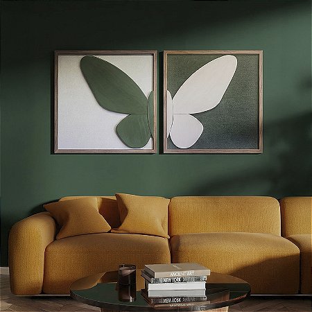 Kit de 2 Quadro Artesanal Asa de Borboleta - (60x60) - Fundo em tecido