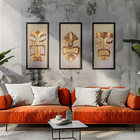 Kit de 3 Quadros em Madeira Carranca - (80x30cm)