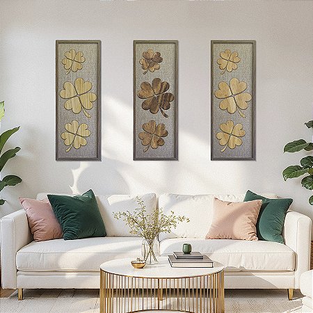 Kit de 3 Quadros em Alto Relevo em madeira - Trevos - (100x35)