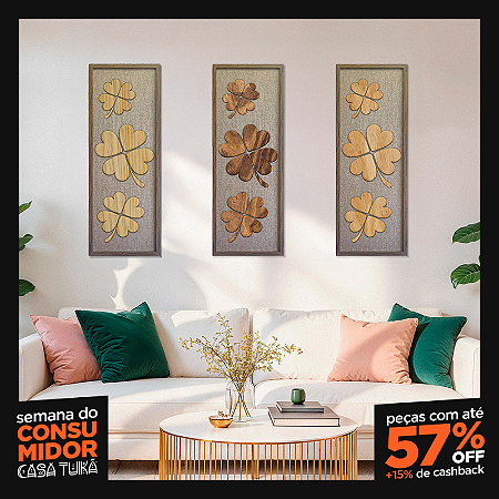 Kit de 3 Quadros em Alto Relevo em madeira - Trevos - (100x35)