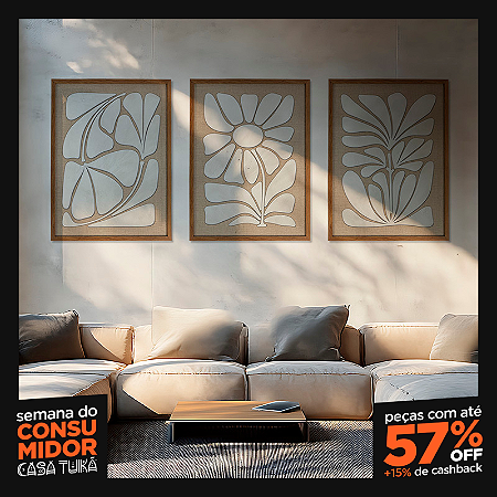 Kit de 3 Quadros de Madeira em alto Relevo Flores - Temas - Origem, Apogeu e Vestígio (80x60)