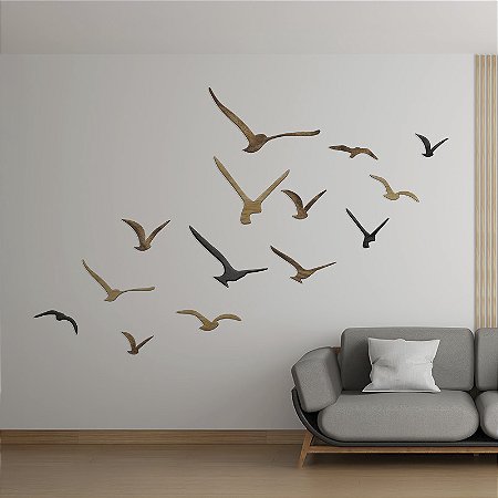 Escultura de Parede Revoada de Pássaros - Peças esculpidas em Madeira