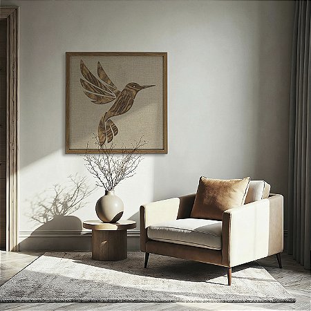 Quadro Alto Relevo esculpido em madeira com fundo em tecido - Beija Flor