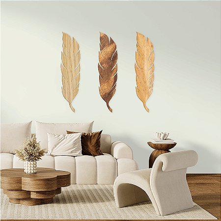 Kit de 3 Esculturas em Madeira Alto relevo de Parede