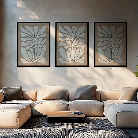 Kit de 3 Quadros Moldura Preta de Madeira em alto Relevo Flores - Tema - Origem (80x60)