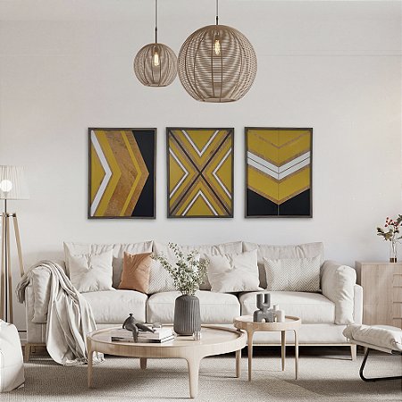 Kit de 3 Quadros Geométricos Tribais Abstrato - (80x60)