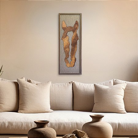 Quadro Artesanal de 100x35cm, em Alto Relevo de Madeira - fundo de Tecido - Tema: Cabeça de Cavalo