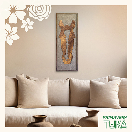 Quadro Artesanal de 100x35cm, em Alto Relevo de Madeira - fundo de Tecido - Tema: Cabeça de Cavalo