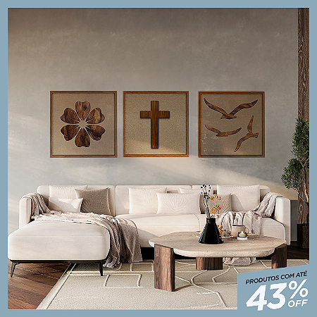 Kit de 3 Quadros de 60x60cm Esculpidos em madeira com fundo em tecido - Equilíbrio