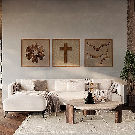 Kit de 3 Quadros de 60x60cm Esculpidos em madeira com fundo em tecido - Equilíbrio