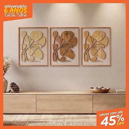 Kit de 3 Quadros Artesanal em Madeira - Folha Nativa (80x60cm)