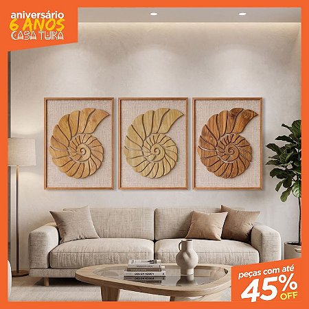 Kit de 3 Quadros Artesanal em Madeira - Concha (80x60cm)