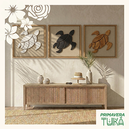Kit de 3 Quadros Alto Relevo em madeira 60x60cm - Tartaruga