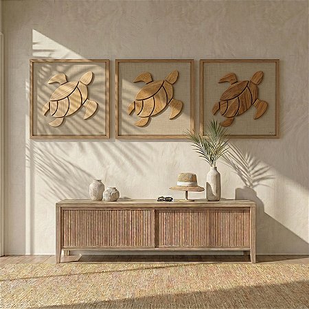 Kit de 3 Quadros Alto Relevo em madeira 60x60cm - Tartaruga