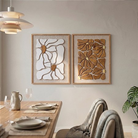 Kit de 2 Quadros em Alto Relevo de Madeira - 2 Margaridas - E Flor da Mata (80x60cm)