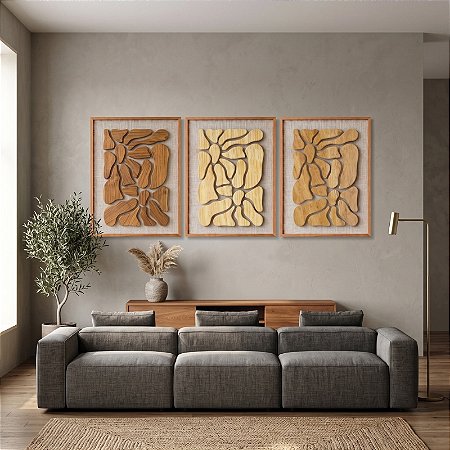 Kit 3 Quadros de Madeira em Alto Relevo - Duas Margaridas - (80x60)