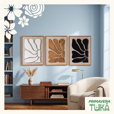 Kit de 3 Quadros Artesanal em madeira de alto relevo - Sopro da Mata - (80x60cm)