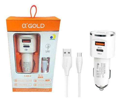 a'GOLD Carregador Veicular Turbo 40W 9.1A Qc4.0 CJ06-1 + Cabo Micro USB