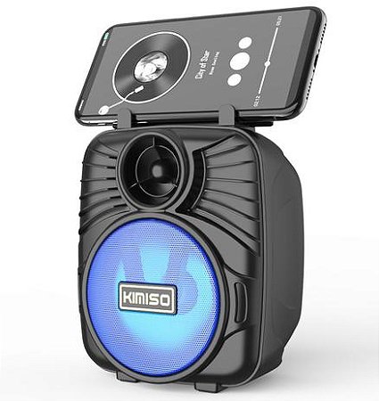 Caixa de som portátil Kimiso kms-1183 azul com suporte pra celular e led colorido, bluetooth, cartão, pendrive e fm