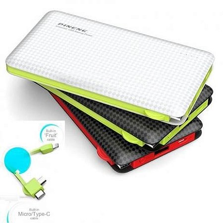 Carregador Portátil Pineng PN-956 10.000 mah 3 conectores; Type C, Lightining e Micro USB (Até 3 cargas) - Branco