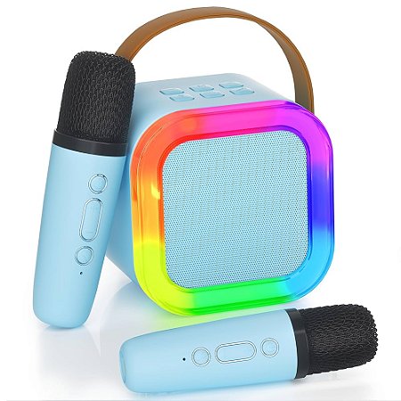 Karaokê Infantil Portátil Azul com 2 Microfones Recarregáveis e Modos de Voz Divertidos – Diversão Musical para Crianças