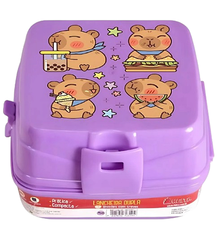 Lancheira de Plástico Infantil com 4 Divisórias - Capivara Lilas #
