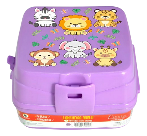 Lancheira de Plástico Infantil com 4 Divisórias - Bichinhos Lilas #