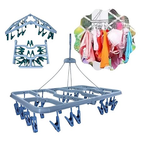 Varal de Pendurar de Plástico Dobrável 48 Prendedores - Azul #