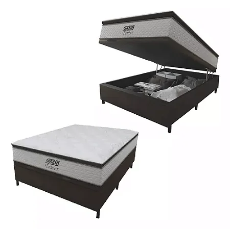 Cama Box Baú Casal Colchão Molas Pocket Ensacadas Tower 138x188x75cm Branco e Marrom Gazin