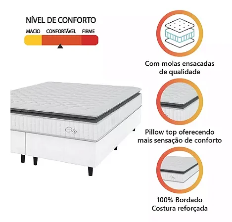 Cama Box Colchão Casal Queen Molas Ensacadas City Pillow Top 158x198x61cm Linho Branco Preto Hellen